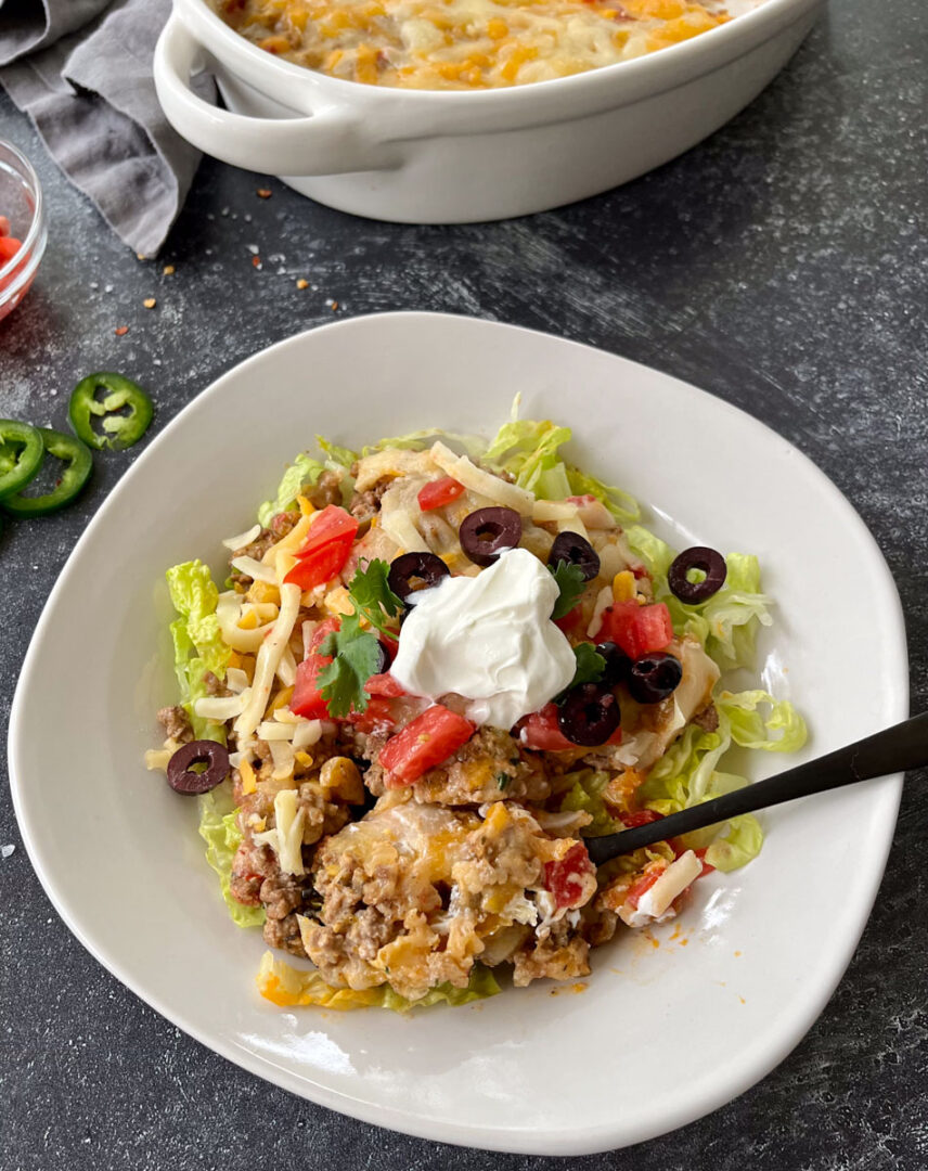 Easy Keto Ground Beef Taco Salad Casserole Recipe - joinmeinthekitchen.com