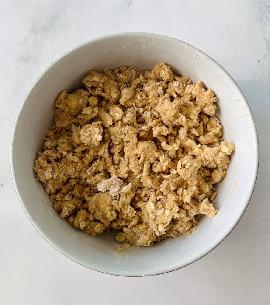 A bowl of crumbly oatmeal with in it.
