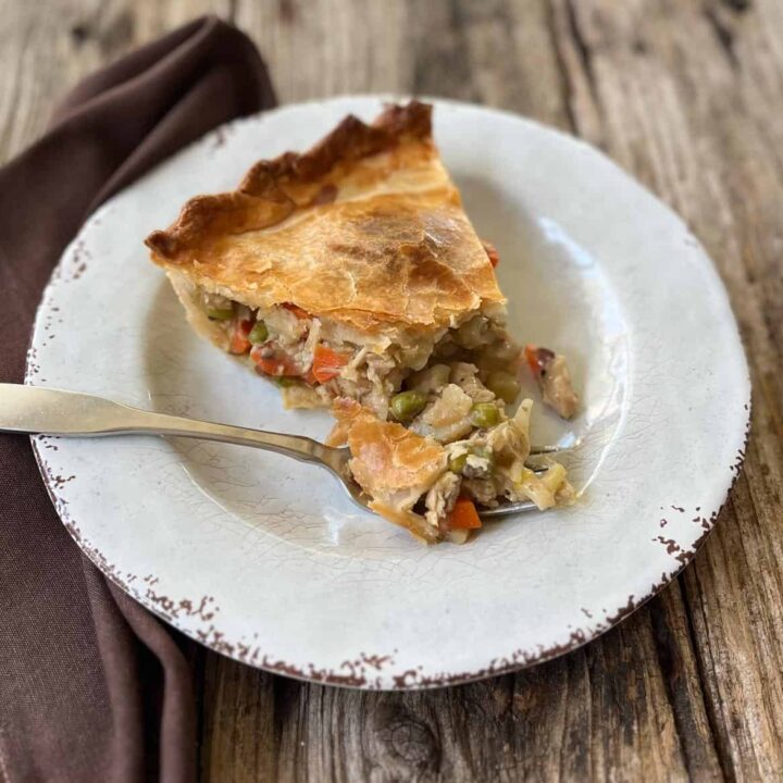 Turkey pot pie on a white plate with a fork.