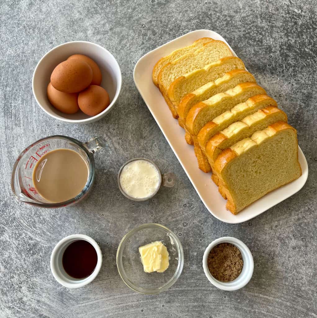 Ingredients for french toast on a table.