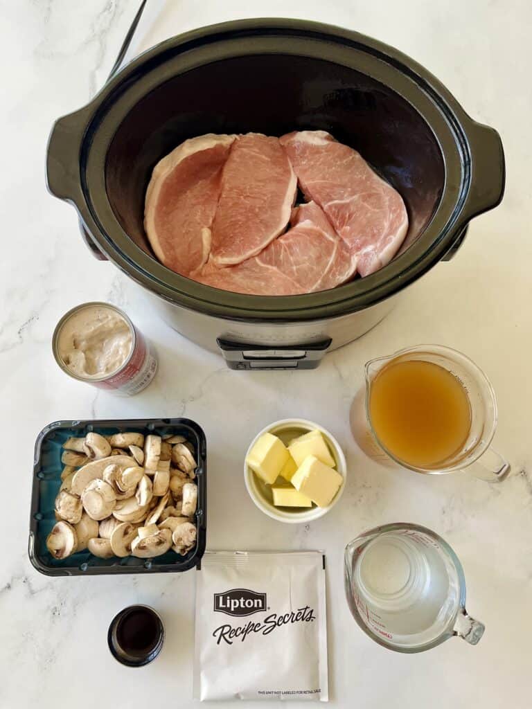 Ingredients for the slow cooker pork and mushroom soup.