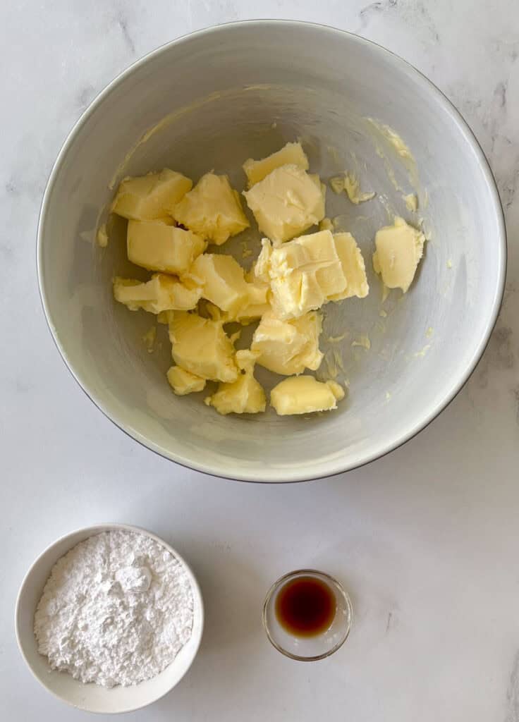 Ingredients for Melt Away cookies in bowls.