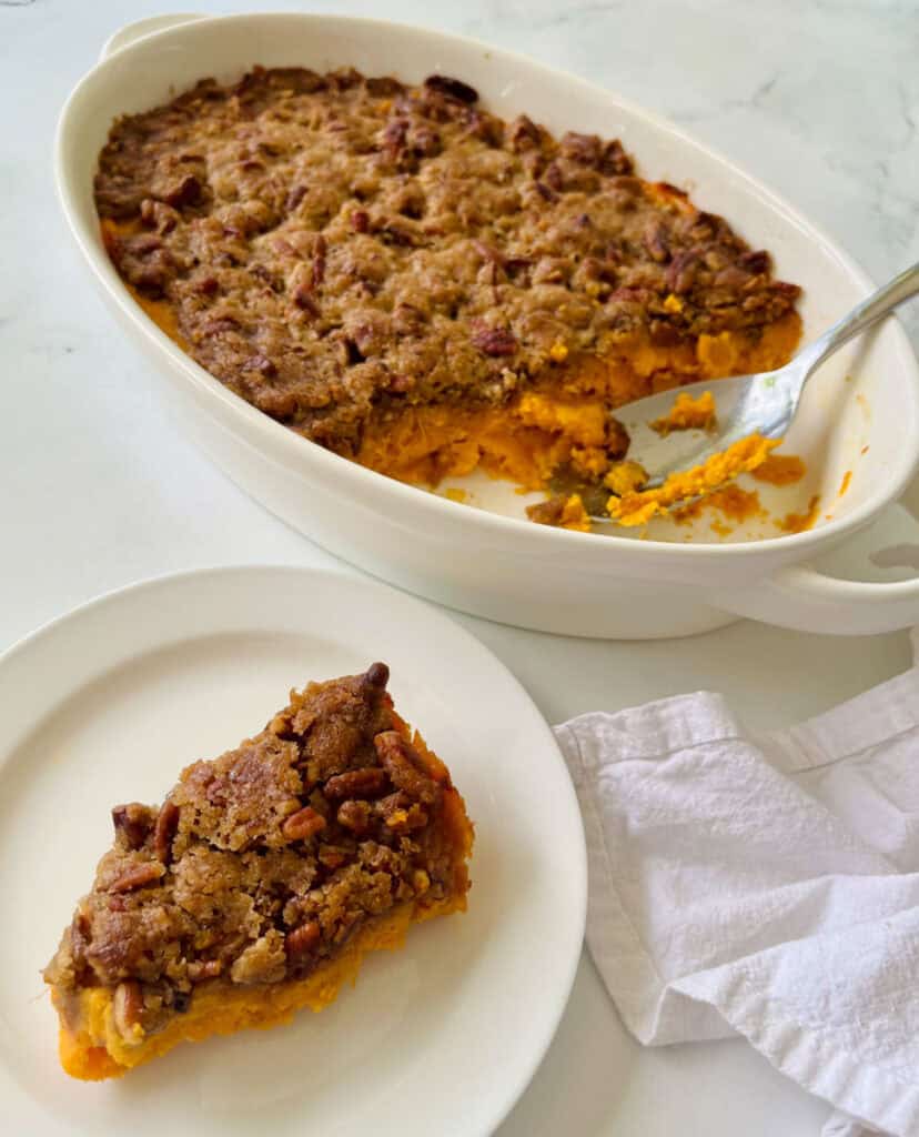 Sweet potato casserole with pecan crumb topping.