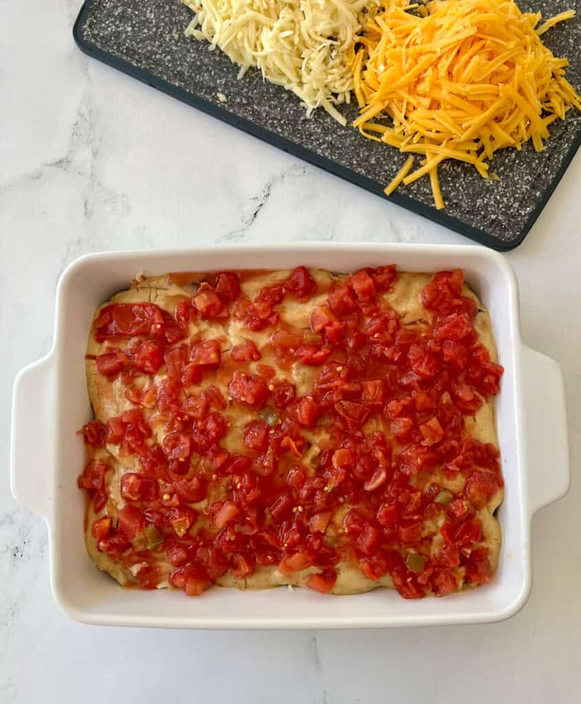 Mexican chicken casserole in a baking dish.