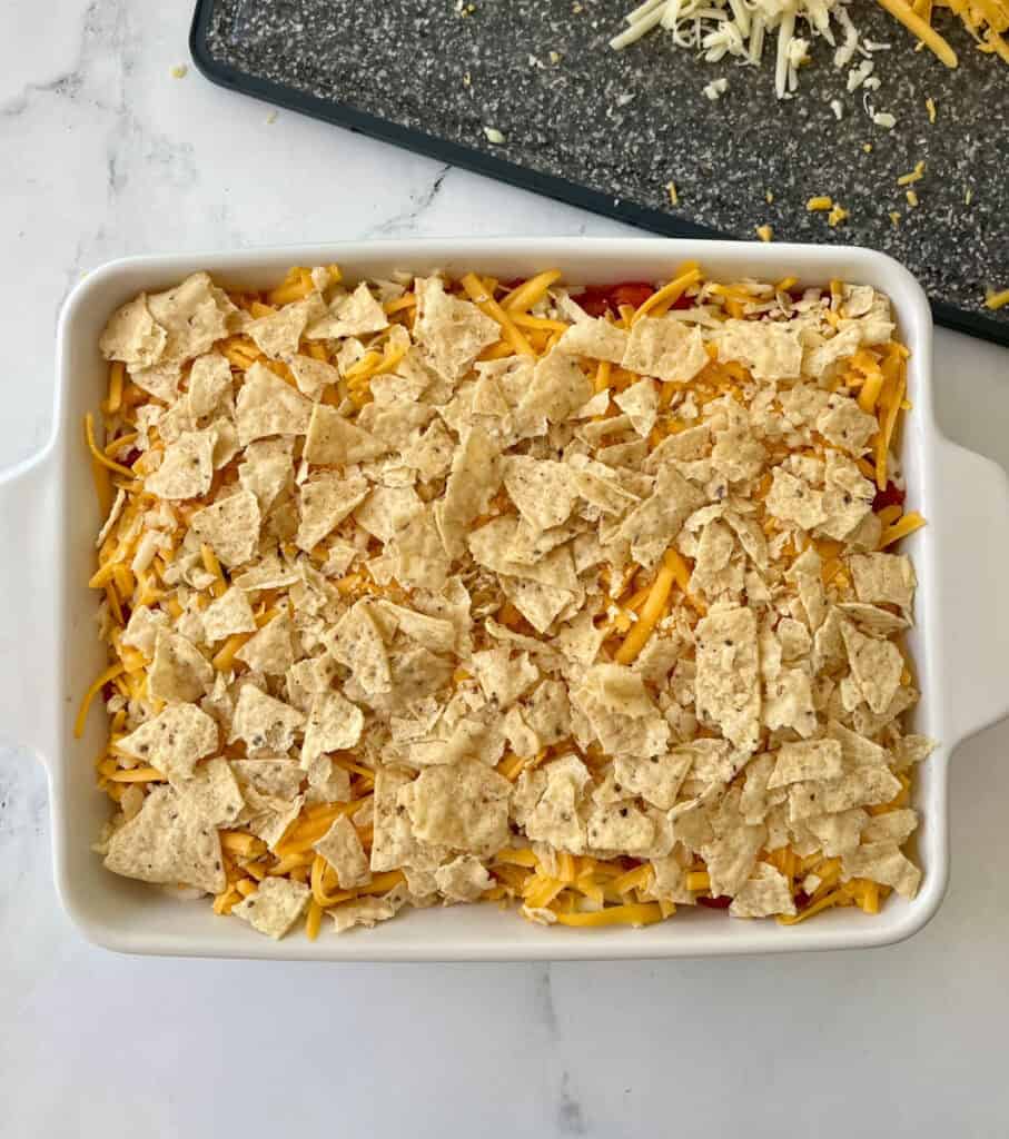 Mexican chicken casserole in a baking dish.