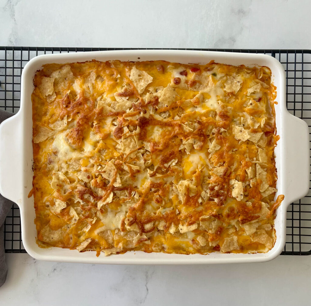 Mexican chicken casserole in a baking dish.