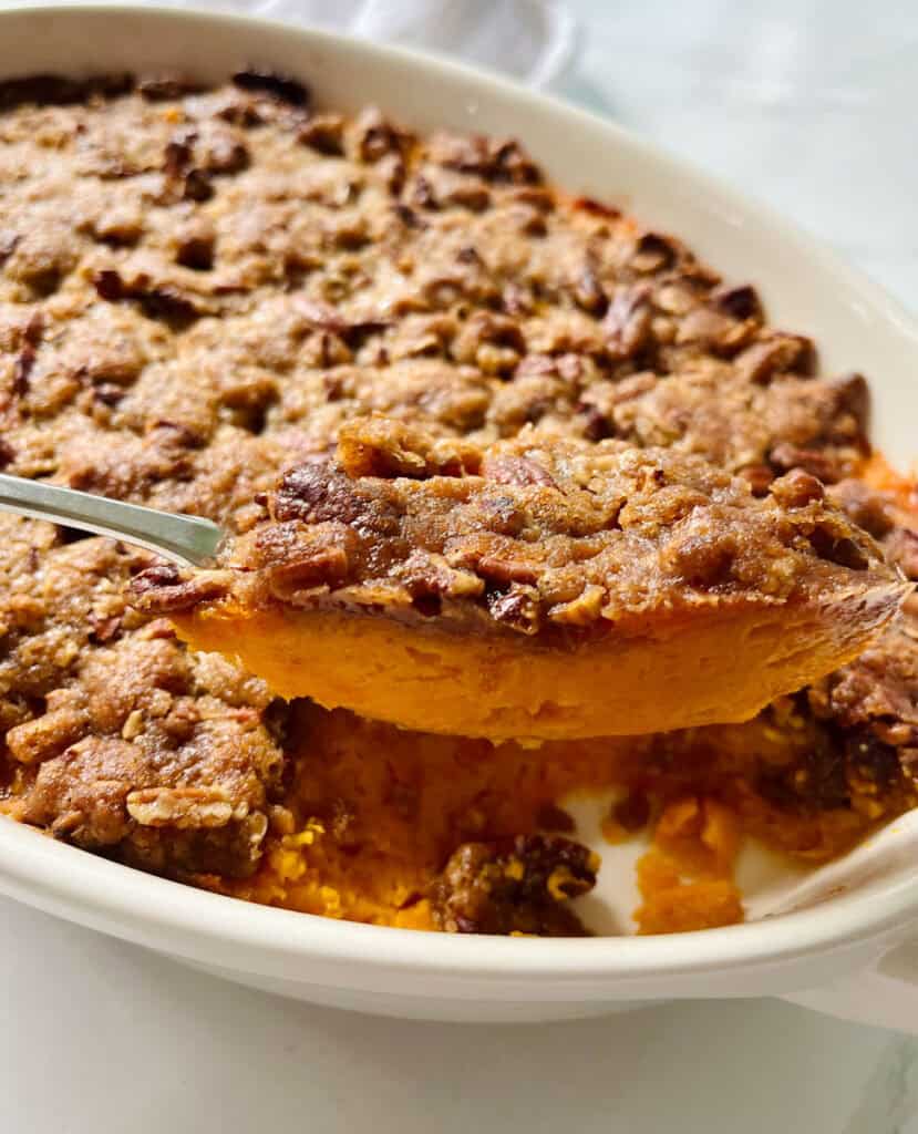 Sweet potato casserole with pecans.