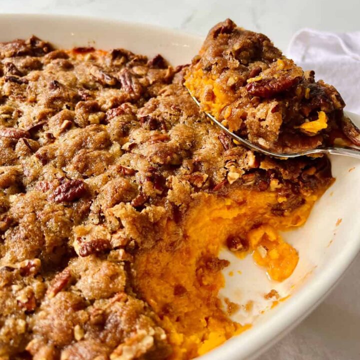 Sweet potato casserole with pecans.