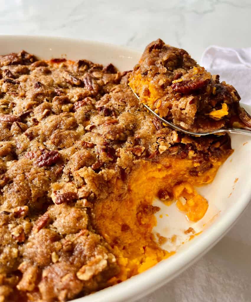 Sweet potato casserole with pecans.