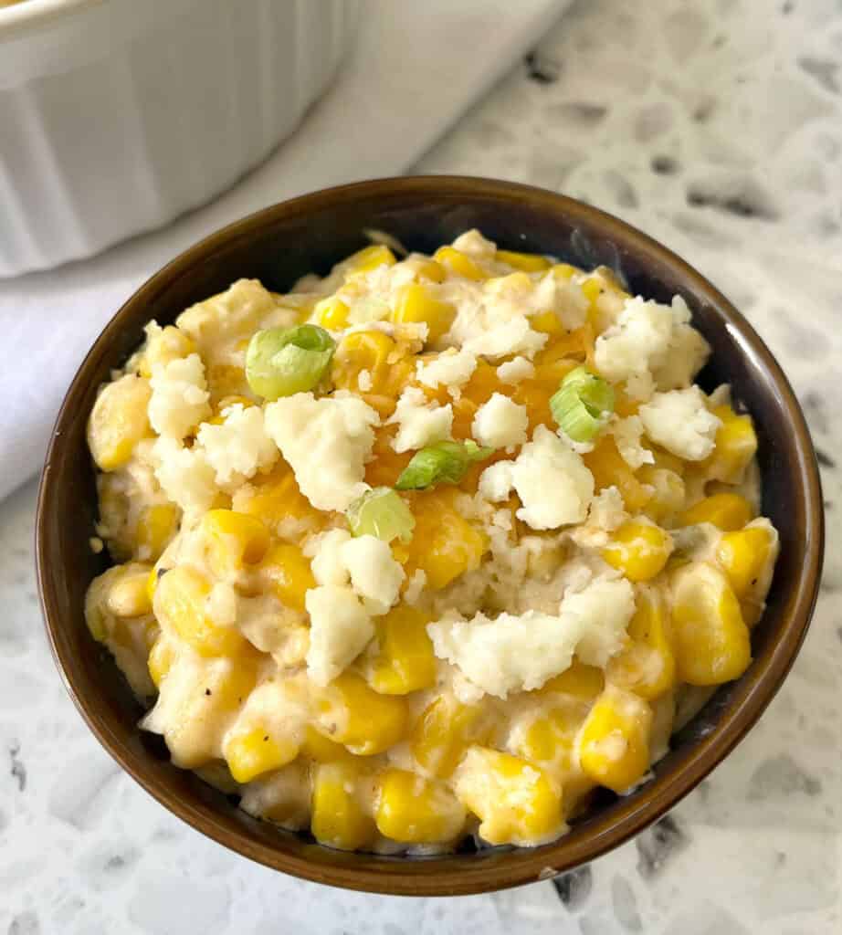 Easy corn casserole in a bowl.