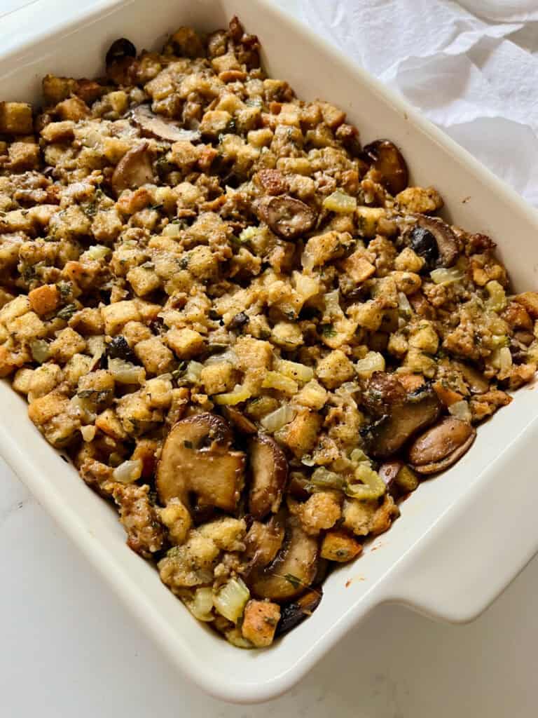 Stuffing casserole with mushrooms, herbs, and sausage.