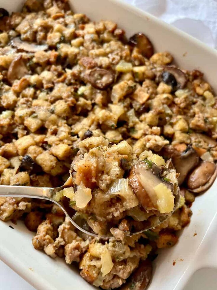 Stuffing casserole with mushrooms, herbs, and sausage.