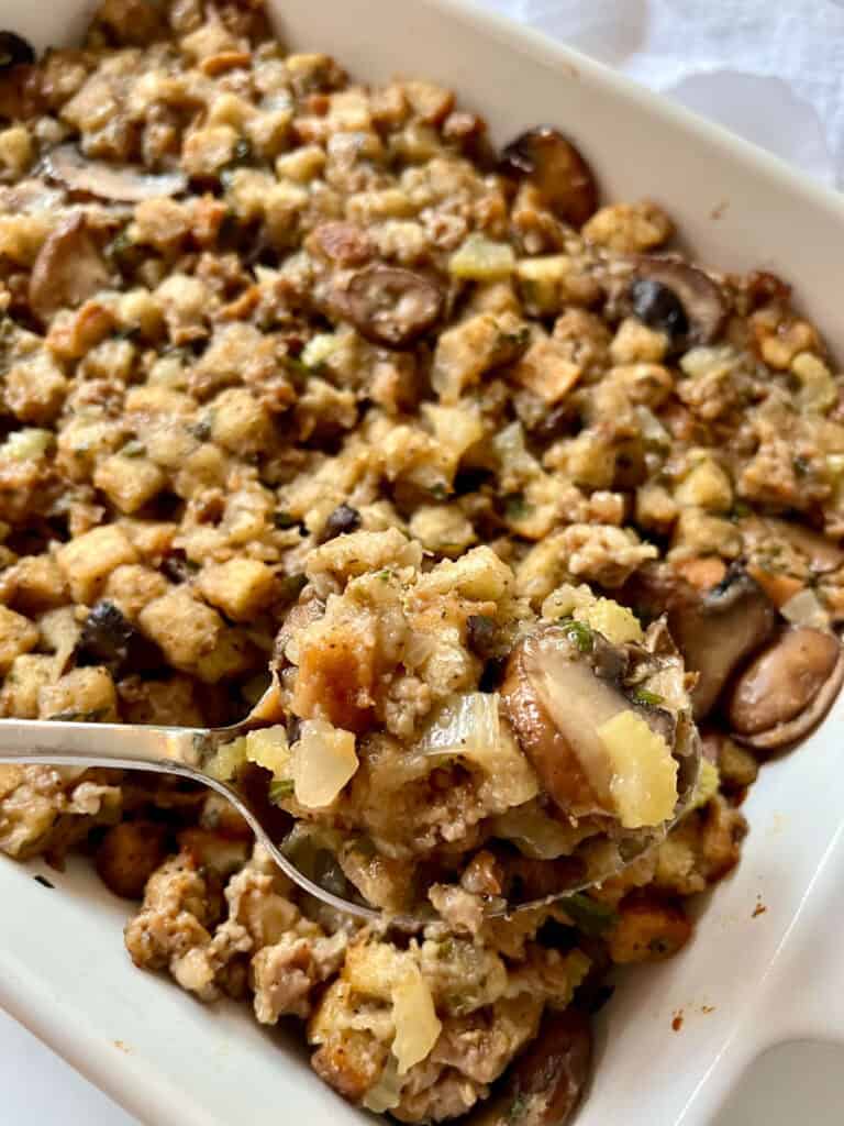 Stuffing casserole with mushrooms, herbs, and sausage.