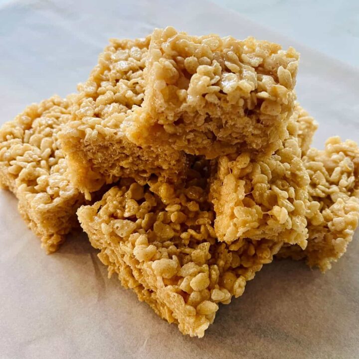 Sweet Rice Krispies treats with marshmallow and rice cereal.