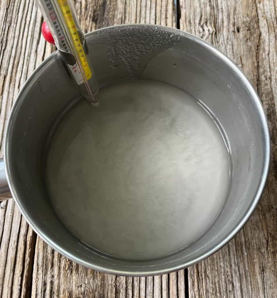 Warm water, sugar, and syrup in a stainless steel pot with a thermometer for precise temperature measurement.