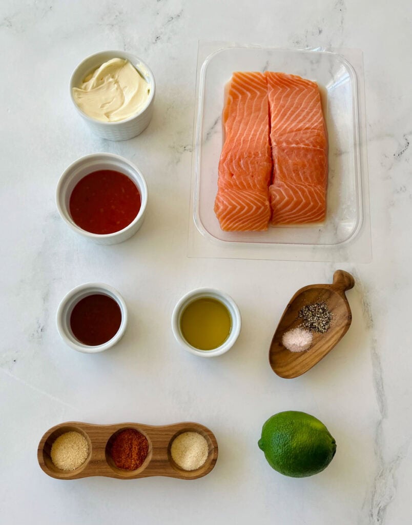 Fresh salmon fillets with seasonings and condiments for cooking.
