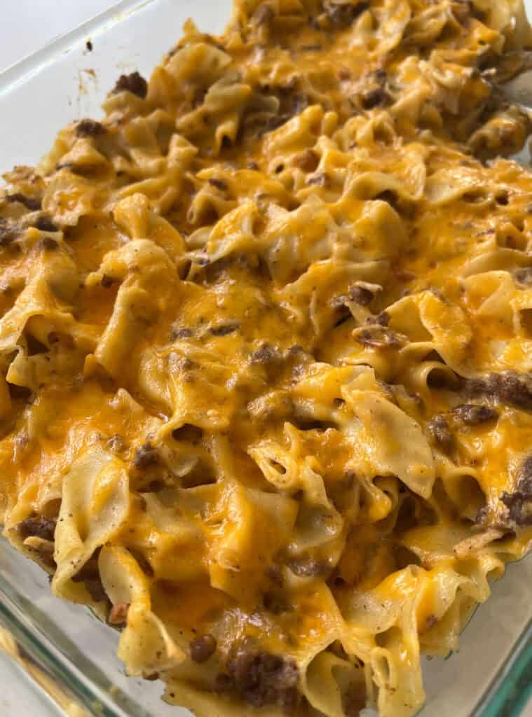 Delicious cheesy beef pasta casserole with melted cheese and savory beef.