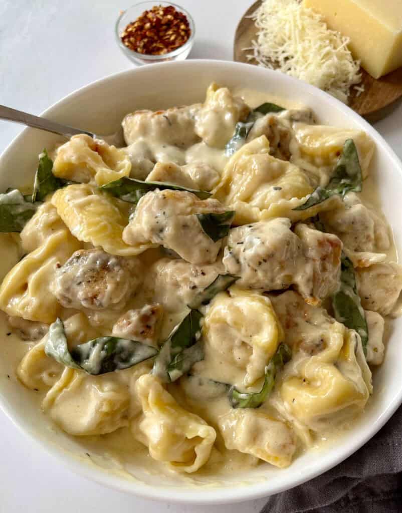 A bowl of creamy chicken Alfredo pasta with tender chicken pieces, herbs, and a rich cheese sauce, accompanied by grated cheese, Parmesan, and red pepper flakes.