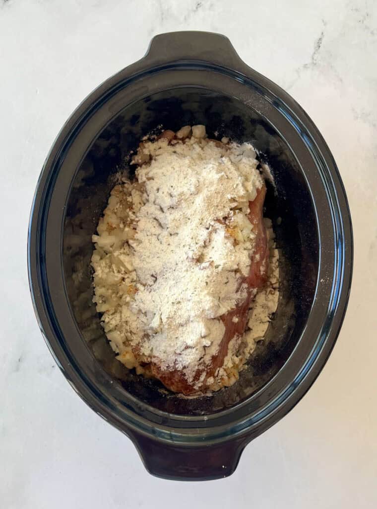 Pork butt in a black slow cooker with chopped onions and seasonings.