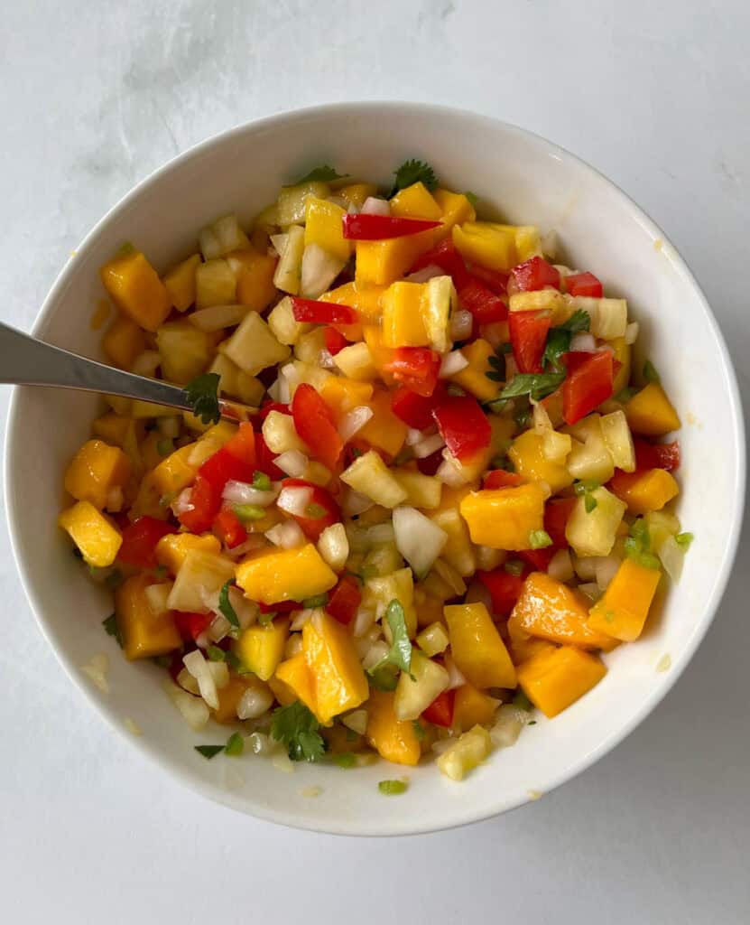 Vibrant fruit salsa with mango, pineapple, red pepper, and onion in a white bowl.