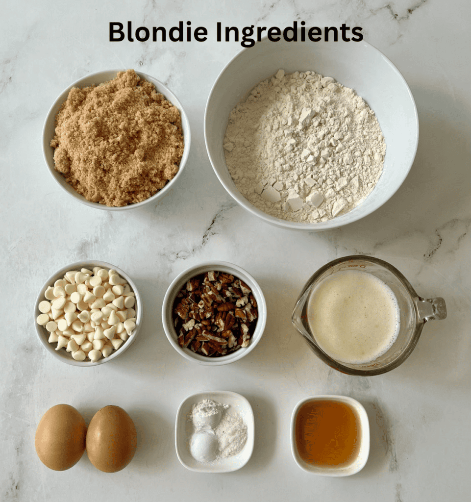 Assorted baking ingredients including flour, sugar, white chocolate chips, eggs, and melted butter.