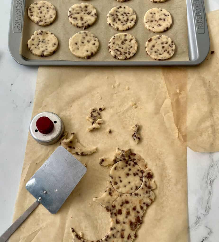 Chocolate chip shortbread cookie dough on parchment paper with cookie discs on a parchment paper lined sheet pan.