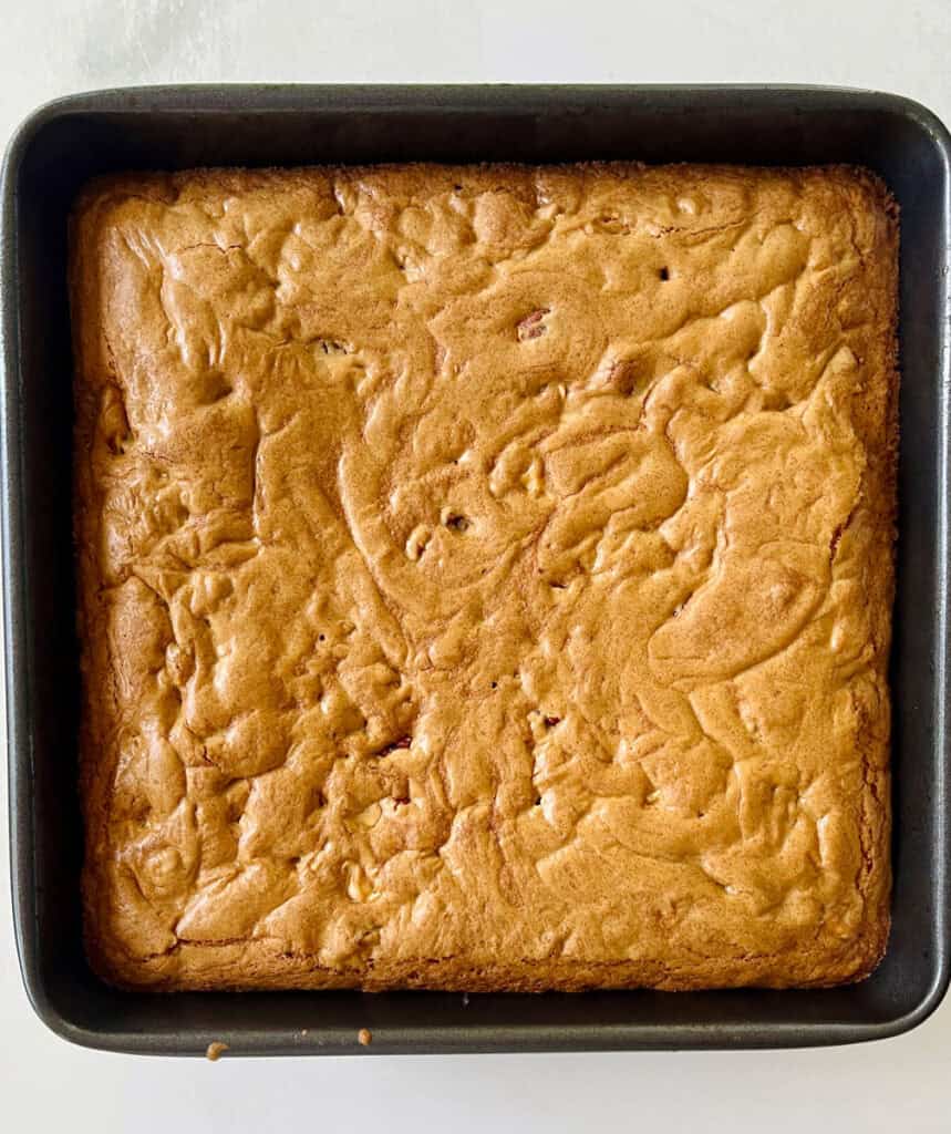 Freshly baked blonde brownie cake in a square baking pan for dessert.